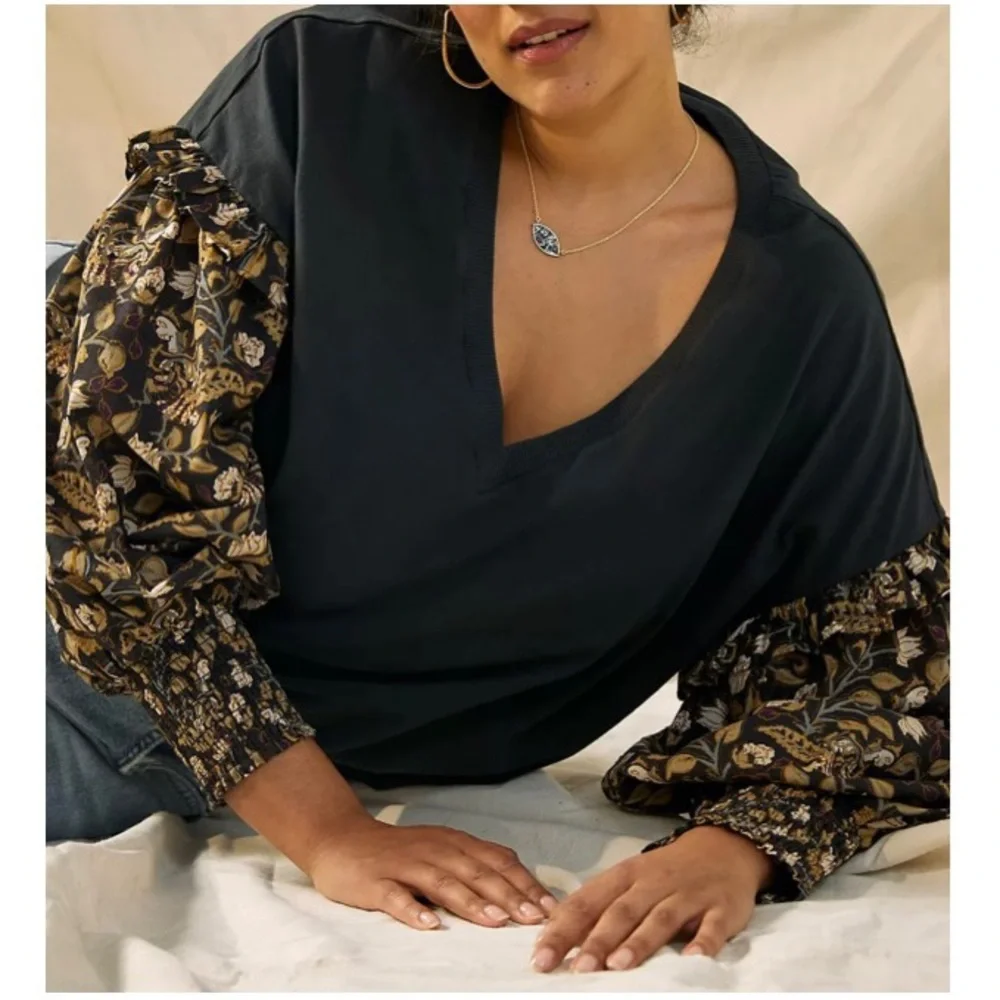 Anthropologie Plus Let Me Be Sydney Long Puff-Sleeved Black Floral Blouse Top 1X - Picture 5 of 16